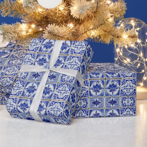 Small Dutch Tiles in Blue and White Patterns Wrapping Paper