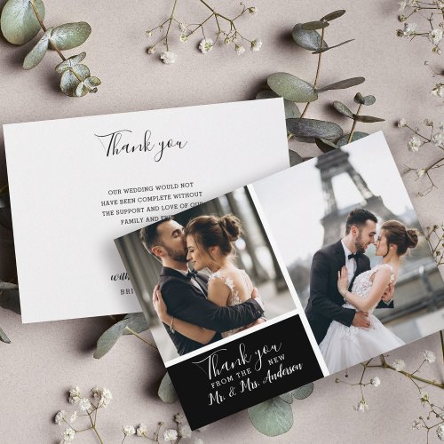 Small Elegant Black 2 Photo Collage Wedding Note Card
