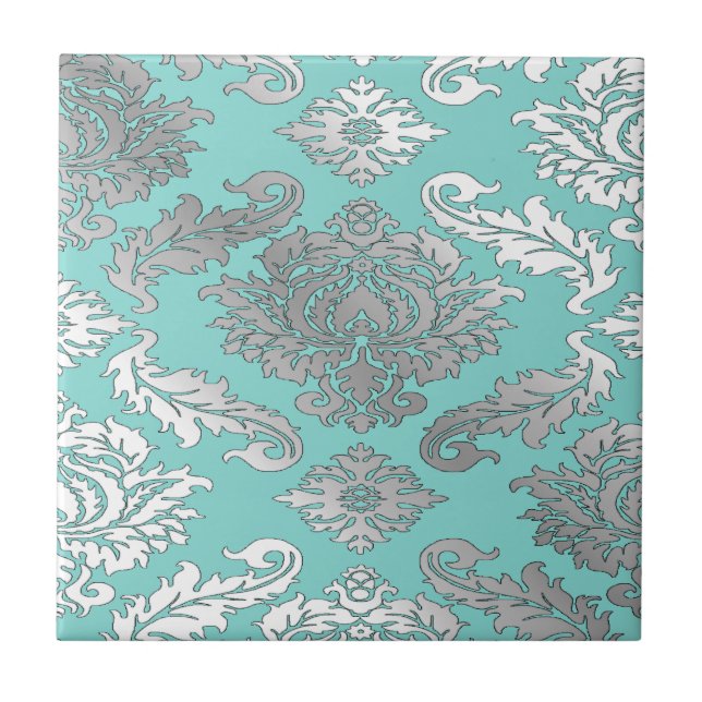 Small Elegant Chic Teal Blue Damask Tile (Front)