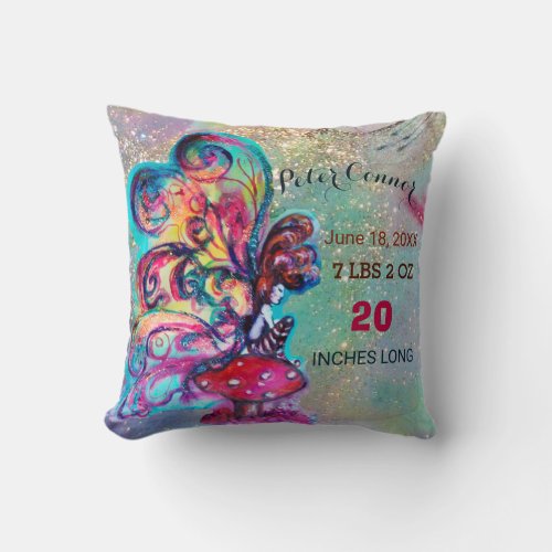 SMALL ELF MUSHROOMS BABY SHOWER Baby Birth Stats Throw Pillow