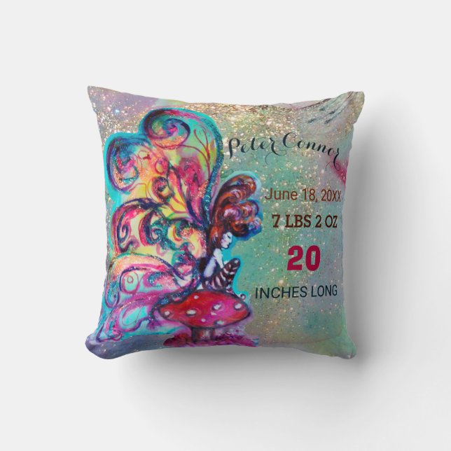 SMALL ELF MUSHROOMS BABY SHOWER Baby Birth Stats Throw Pillow (Front)