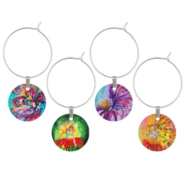 Small Elf of Mushrooms and Flower Fairies Wine Glass Charm (Staggered)