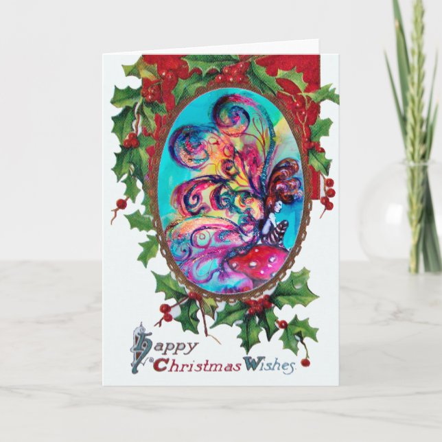 Small Elf of Mushrooms, Happy Christmas Wishes Holiday Card (Front)