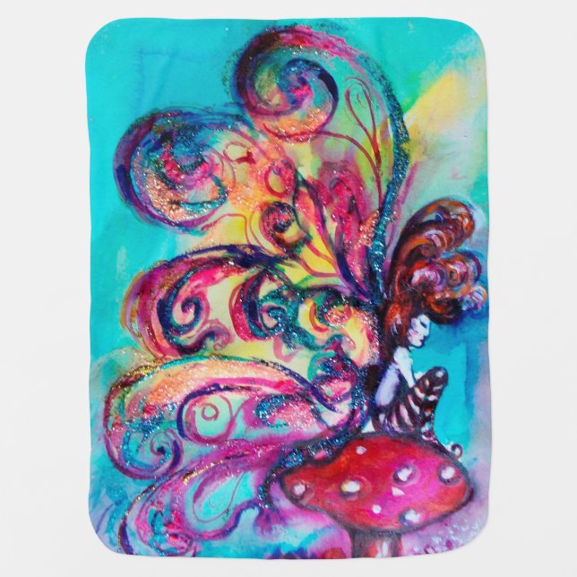 SMALL ELF OF MUSHROOMS Pink Blue Fantasy Baby Blanket (Front)