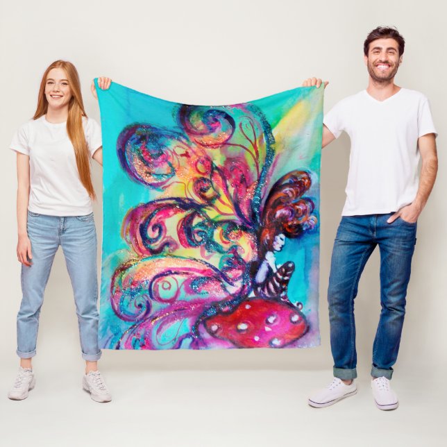 SMALL ELF OF MUSHROOMS Pink Blue Fantasy Fleece Blanket (In Situ)