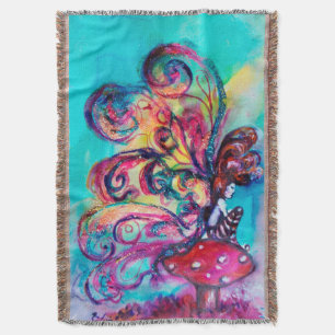 SMALL ELF OF MUSHROOMS Pink Blue Fantasy Throw Blanket