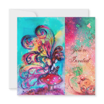 SMALL ELF OF MUSHROOMS ,pink green blue sparkle Invitation
