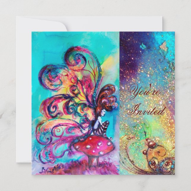 SMALL ELF OF MUSHROOMS ,pink green blue sparkle Invitation (Front)