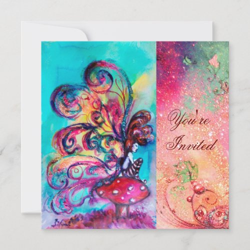 SMALL ELF OF MUSHROOMS pink green blue sparkle Invitation