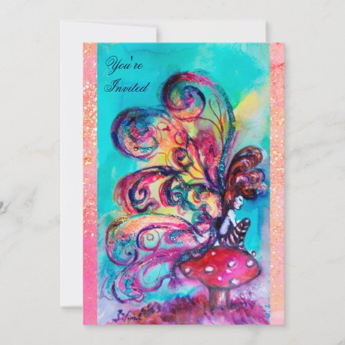 SMALL ELF OF MUSHROOMS pink yellow blue sparkle Invitation