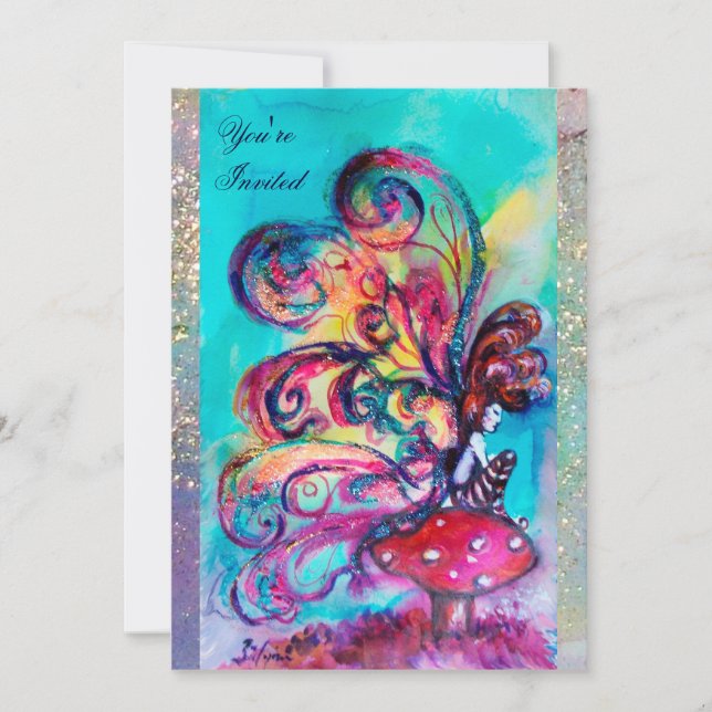 SMALL ELF OF MUSHROOMS ,pink yellow blue sparkle Invitation (Front)