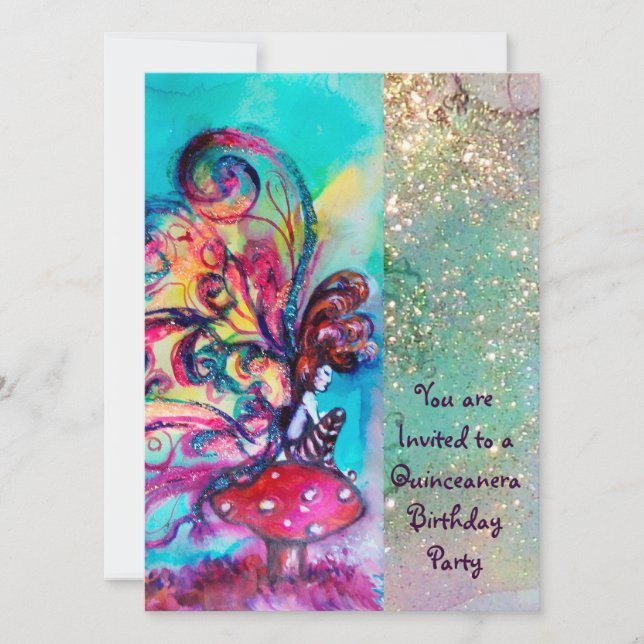 SMALL ELF OF MUSHROOMS ,pink yellow blue sparkle Invitation (Front)