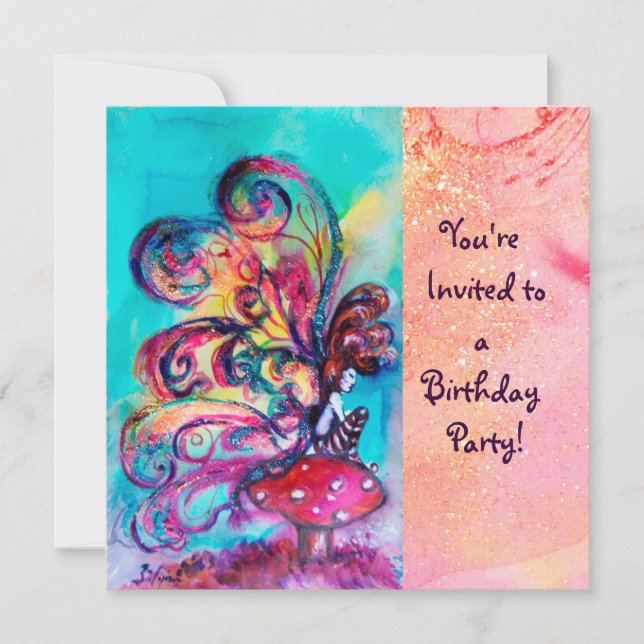 SMALL ELF OF MUSHROOMS ,pink yellow blue sparkle Invitation (Front)