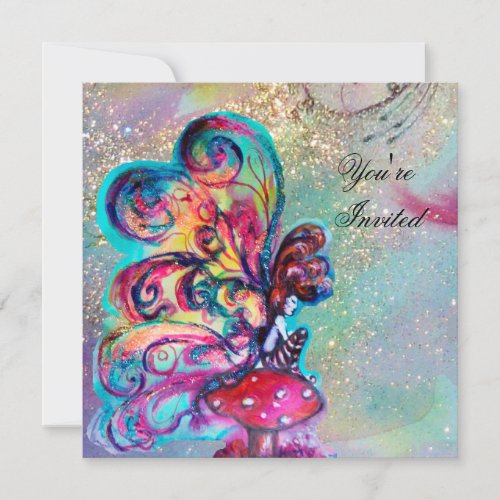 SMALL ELF OF MUSHROOMS pink yellow blue sparkle Invitation