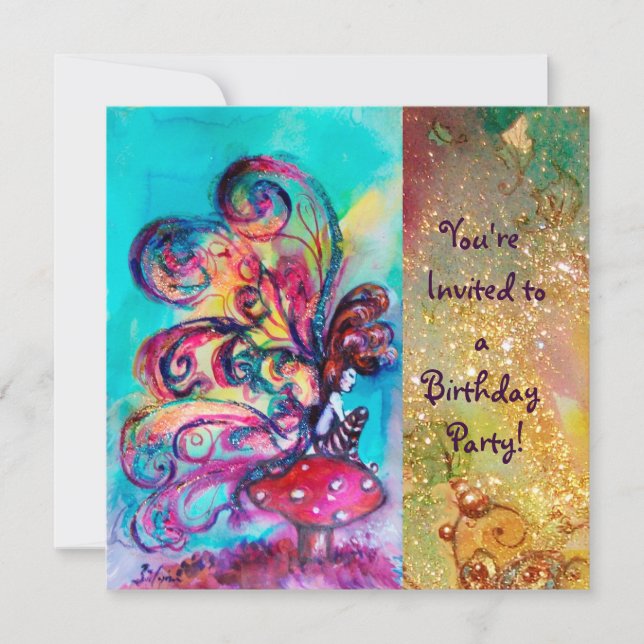 SMALL ELF OF MUSHROOMS ,pink yellow blue sparkle Invitation (Front)