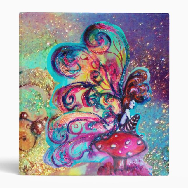 SMALL ELF OF MUSHROOMS ,pink yellow sparkle gold Binder (Front)