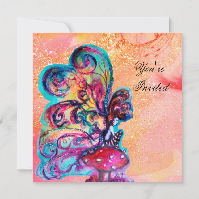 SMALL ELF OF MUSHROOMS ,pink yellow sparkle gold Invitation (Front)