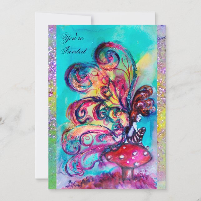 SMALL ELF OF MUSHROOMS ,purple yellow blue sparkle Invitation (Front)