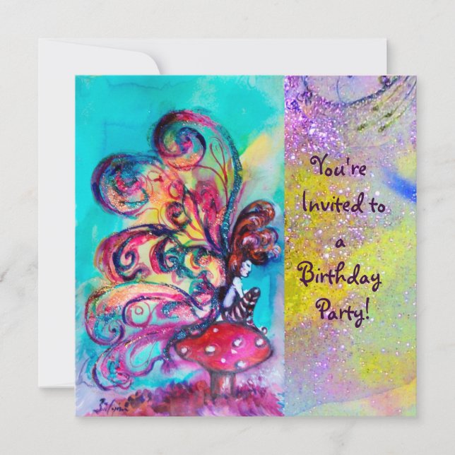 SMALL ELF OF MUSHROOMS ,purple yellow blue sparkle Invitation (Front)
