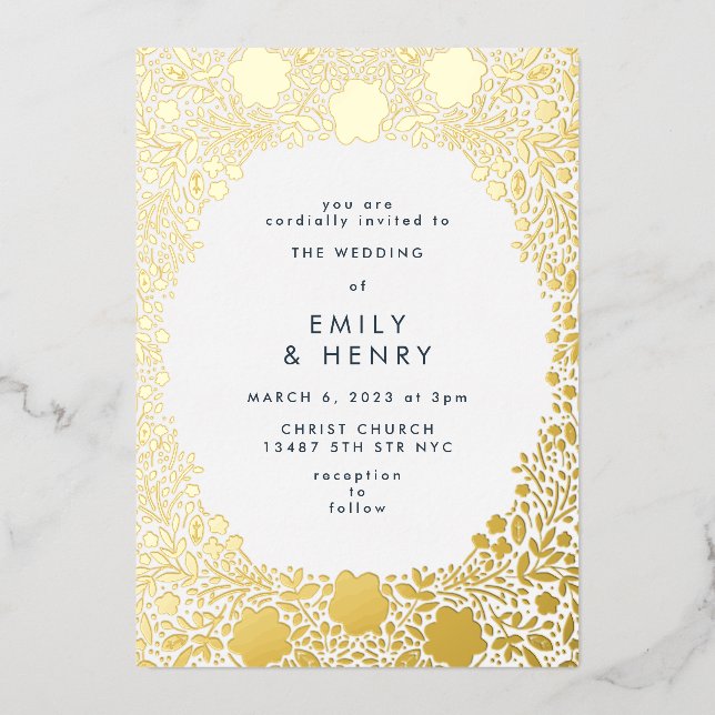 Small Floral Pressed Gold Wedding Foil Invitation (Front)