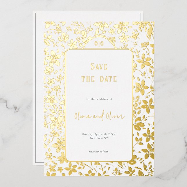 Small Flowers Wedding Save the Date Foil Invitation (Front/Back)