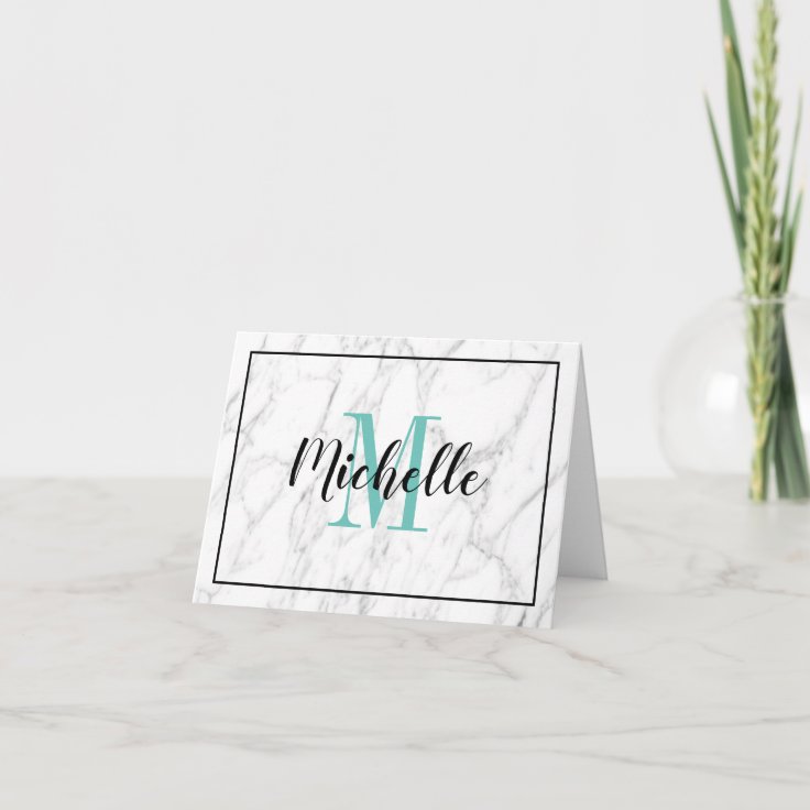 Small folded white marble note cards with monogram | Zazzle