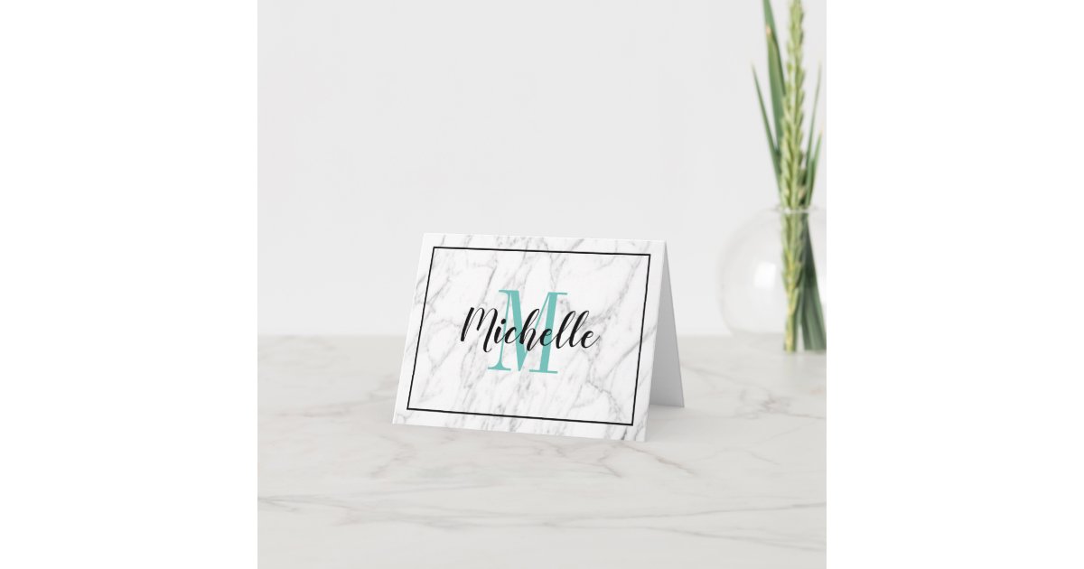Small folded white marble note cards with monogram | Zazzle