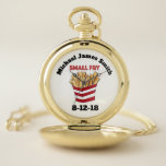 Small Fry Personalized Baby Birth French Fries Pocket Watch<br><div class="desc">Pocket watch design features an original illustration of fast food French fries,  with SMALL FRY in a red font. Simply personalize with birth information for unique baby gift.

Don't see what you're looking for? Need help with customization? Click "contact this designer" to have something created just for you!</div>
