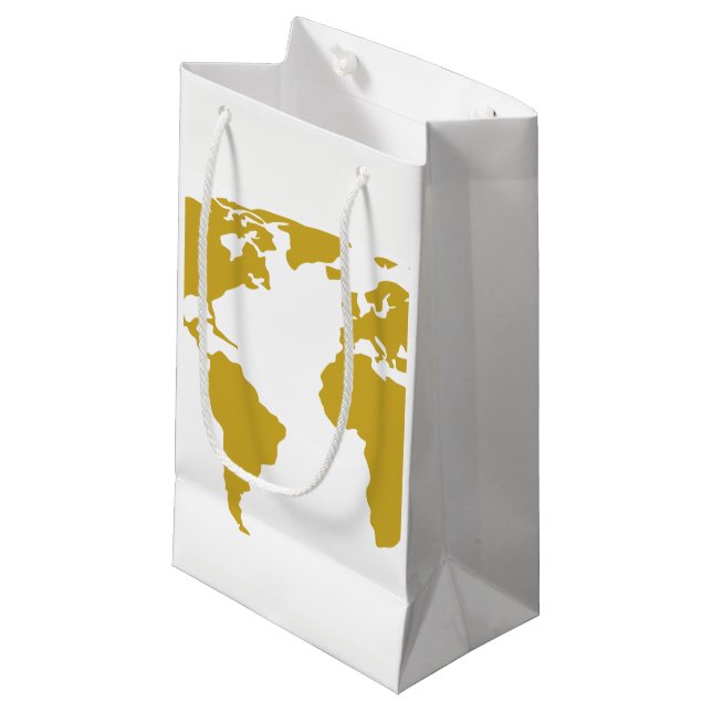 Small Gift Bag or Favor Bag - Gold World Map (Front Angled)