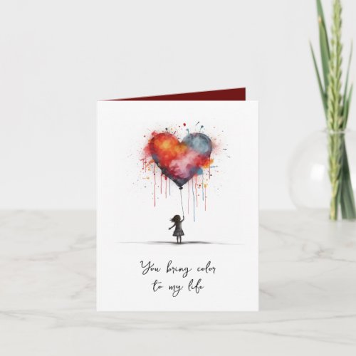Small Girl Holding a Colorful Heart Balloon Card