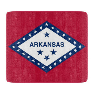 Small glass cutting board with flag of Arkansas