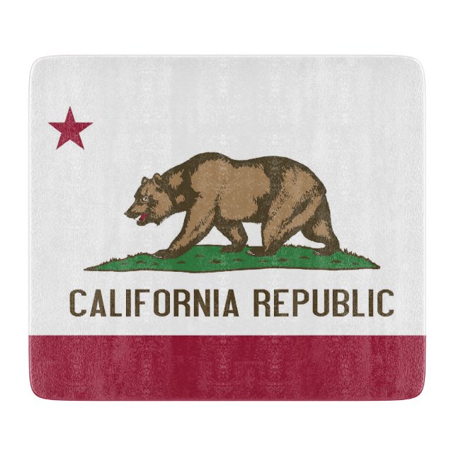 Small glass cutting board with flag of California (Front)