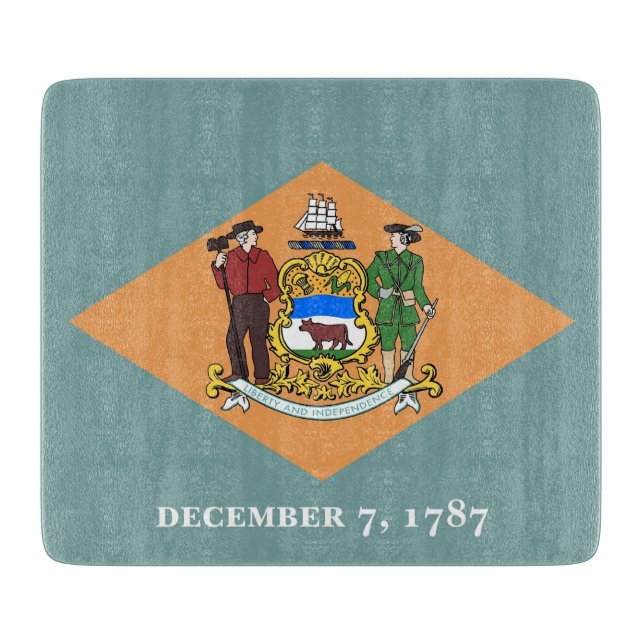 Small glass cutting board with flag of Delaware (Front)