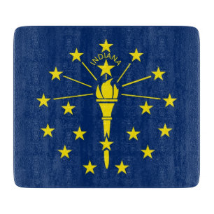 Small glass cutting board with flag of Indiana