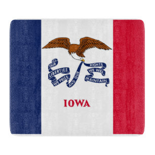 Small glass cutting board with flag of Iowa