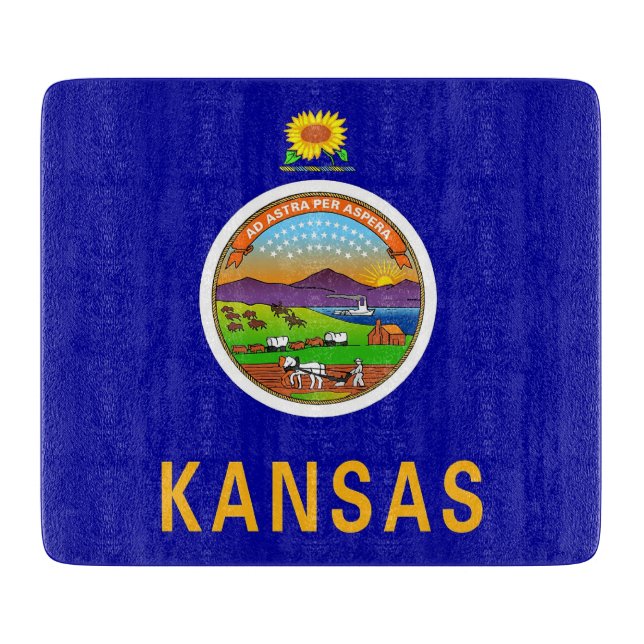 Small glass cutting board with flag of Kansas (Front)