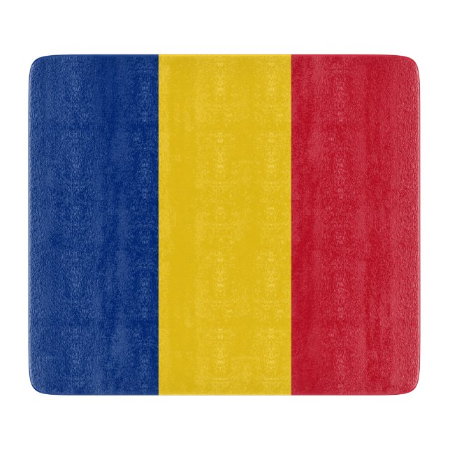Small glass cutting board with flag of Romania (Front)