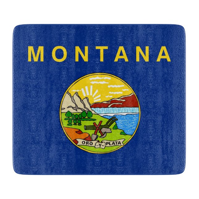 Small glass cutting board with Montana flag (Front)