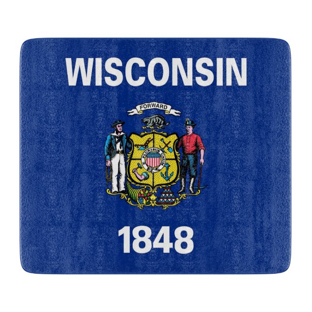 Small glass cutting board with Wisconsin flag (Front)