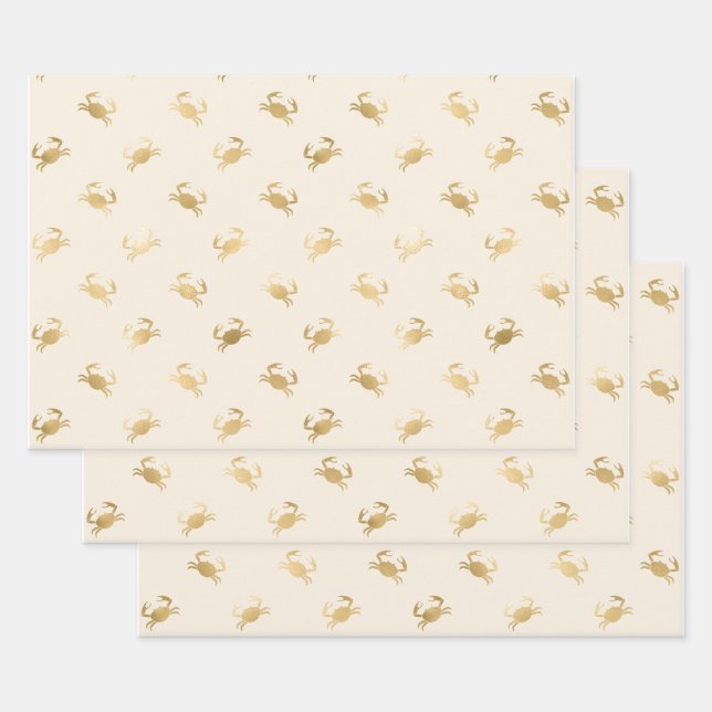 Small Gold Crabs on Off-White Wrapping Paper Sheets (Set)