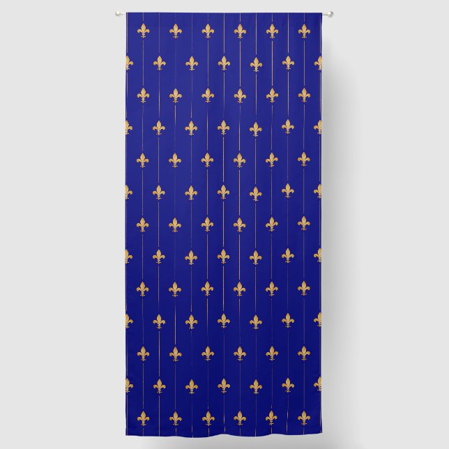 Small Gold Fleur-de-Lis Royal Blue 108" Blackout Curtains (Front)