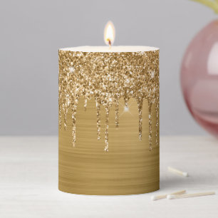 Small Gold Glitter Drips and Foil Pillar Candle
