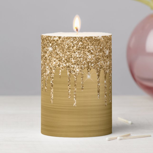 Small Gold Glitter Drips and Foil Pillar Candle (In Situ)