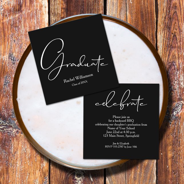 Small Graduate Script Black Party Enclosure Card (Small 2.5" x 2.5" invitations to hand out or mail with your graduation announcements (no envelopes))