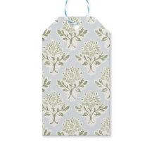Small Green Block Print Floral, Light Blue