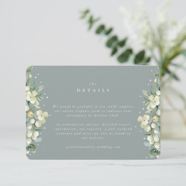 Small Green Snowberry+Eucalyptus Details/RSVP Enclosure Card (Standing Front)