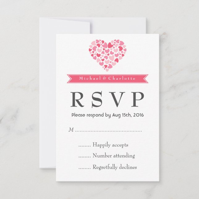 Small Hearts Pink and White Wedding RSVP Card (Front)