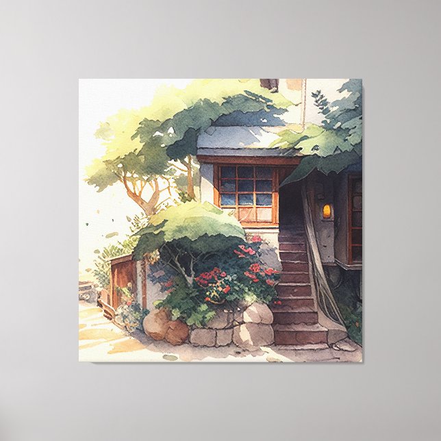 Small House Garden Water Color Canvas Print (Front)