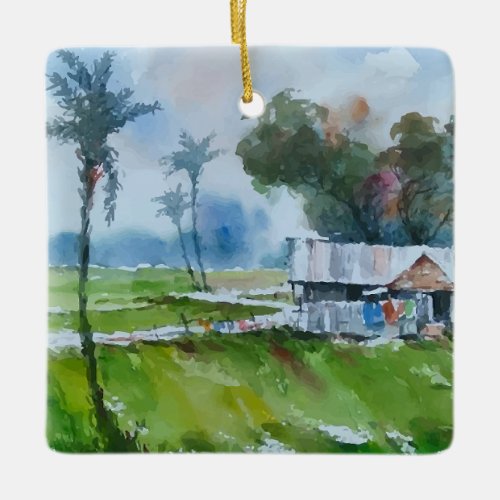 Small House On The Shore Watercolor Painting Ceramic Ornament