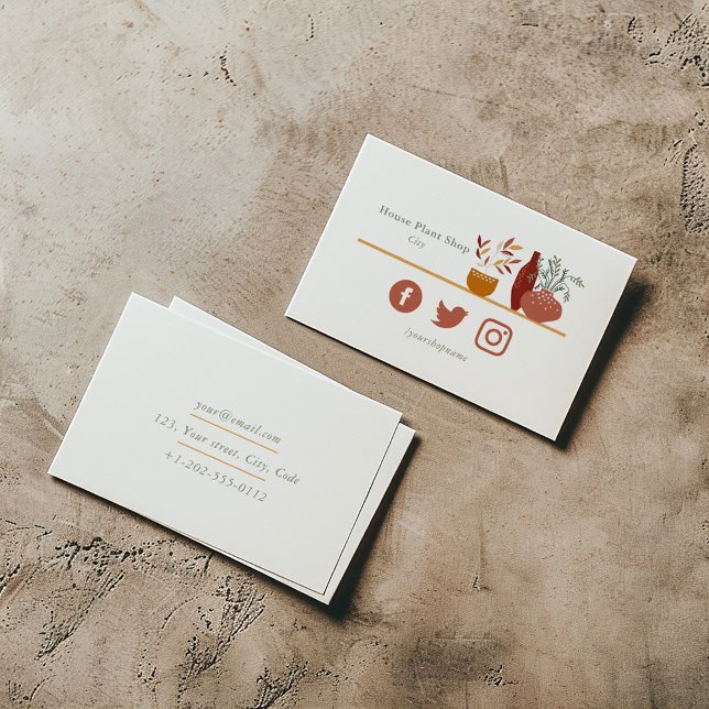 Small house plant shop business card (House plant shop business card with minimalist plant illustration and social media icons.)